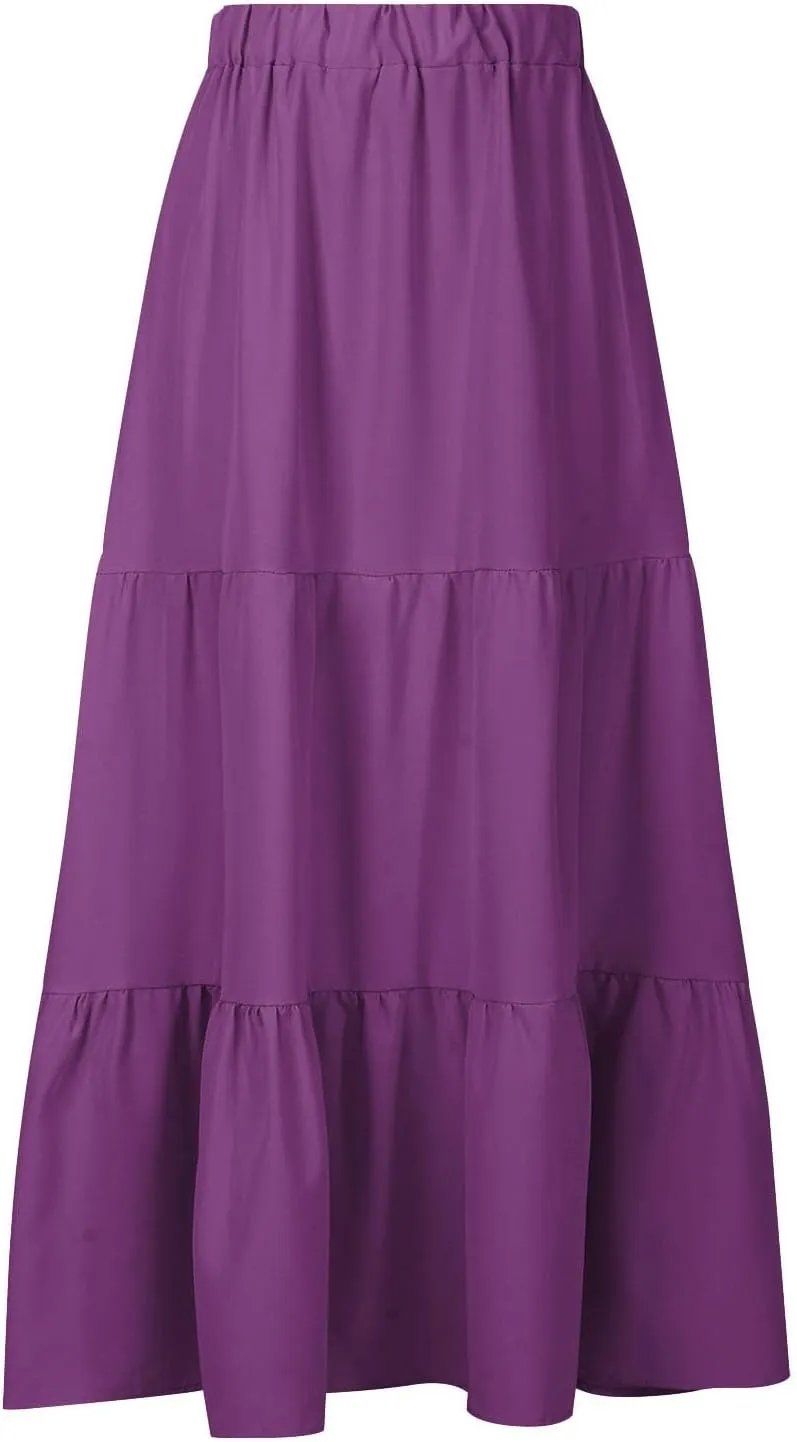 2024 Boho Maxi Skirts for Women Hight Waisted Pleated Ruffle Swing Skirts with Pockets Summer Beach Vacation Clothes