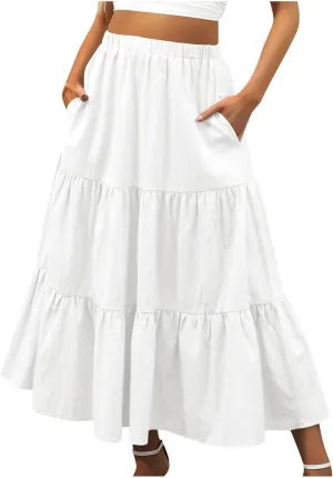 2024 Boho Maxi Skirts for Women Hight Waisted Pleated Ruffle Swing Skirts with Pockets Summer Beach Vacation Clothes