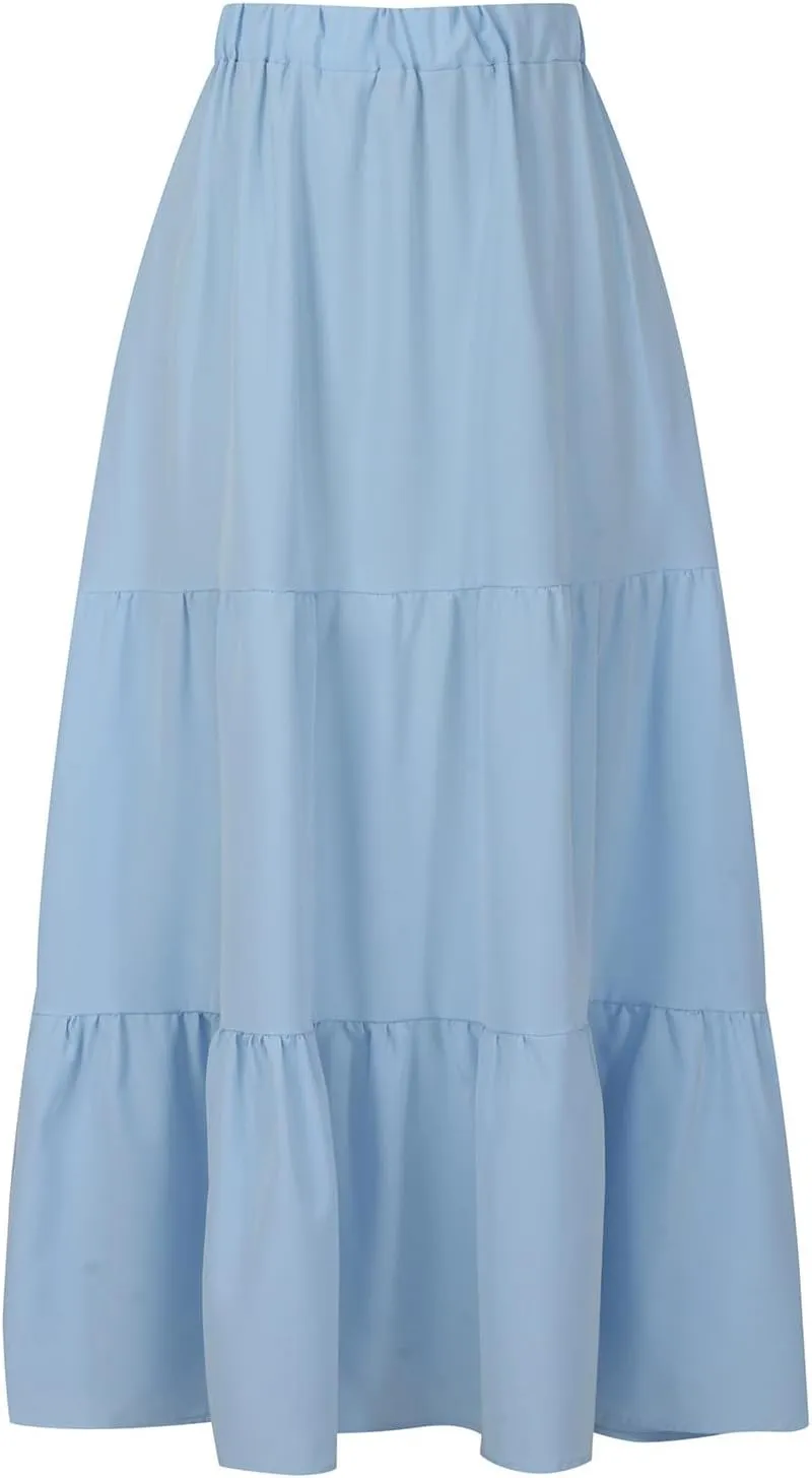 2024 Boho Maxi Skirts for Women Hight Waisted Pleated Ruffle Swing Skirts with Pockets Summer Beach Vacation Clothes