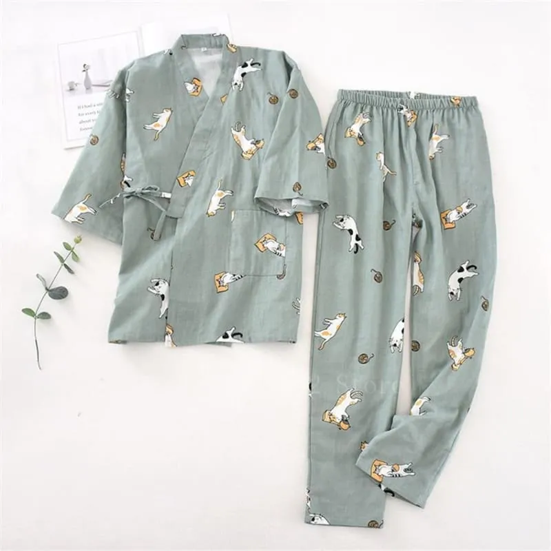 2PCS Kawaii Cat Printed Pajamas Set BE012