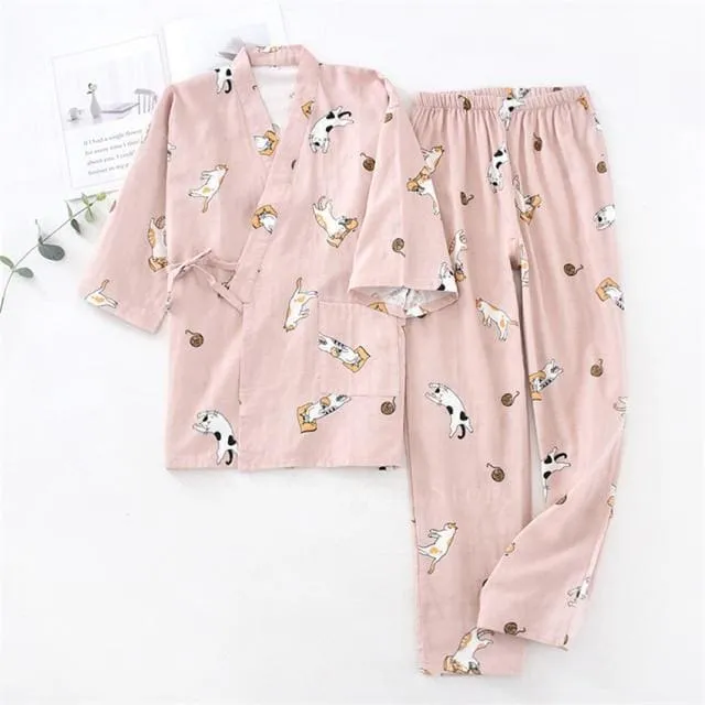 2PCS Kawaii Cat Printed Pajamas Set BE012
