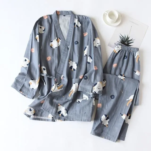 2PCS Kawaii Cat Printed Pajamas Set BE012