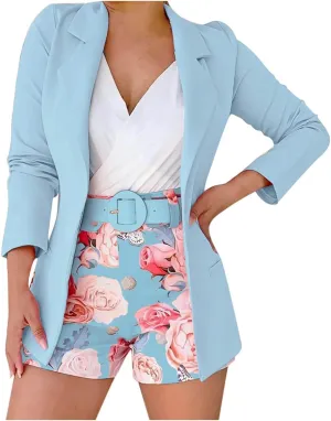 3 Piece Blazer Sets for Women Business Work Suits Formal Cardigan Blazers Top and Floral Printed Belted Shorts