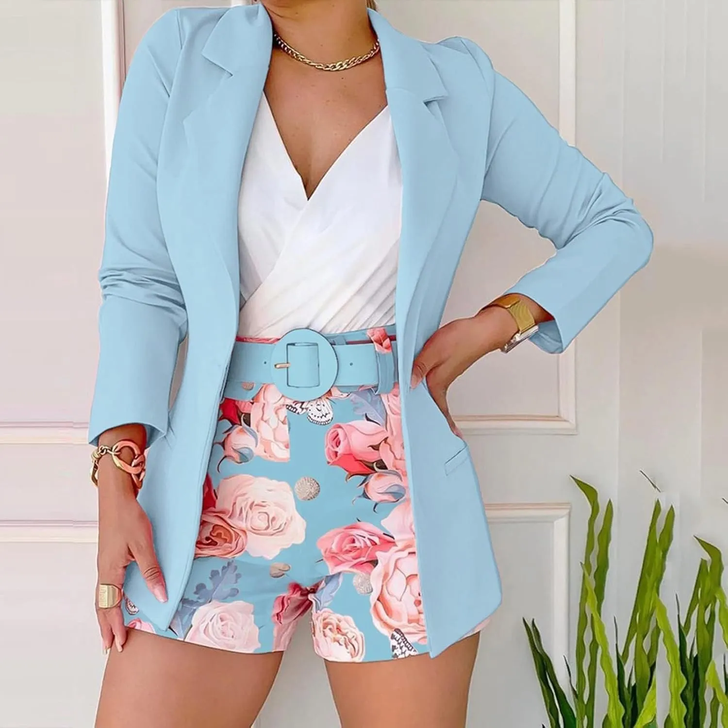 3 Piece Blazer Sets for Women Business Work Suits Formal Cardigan Blazers Top and Floral Printed Belted Shorts