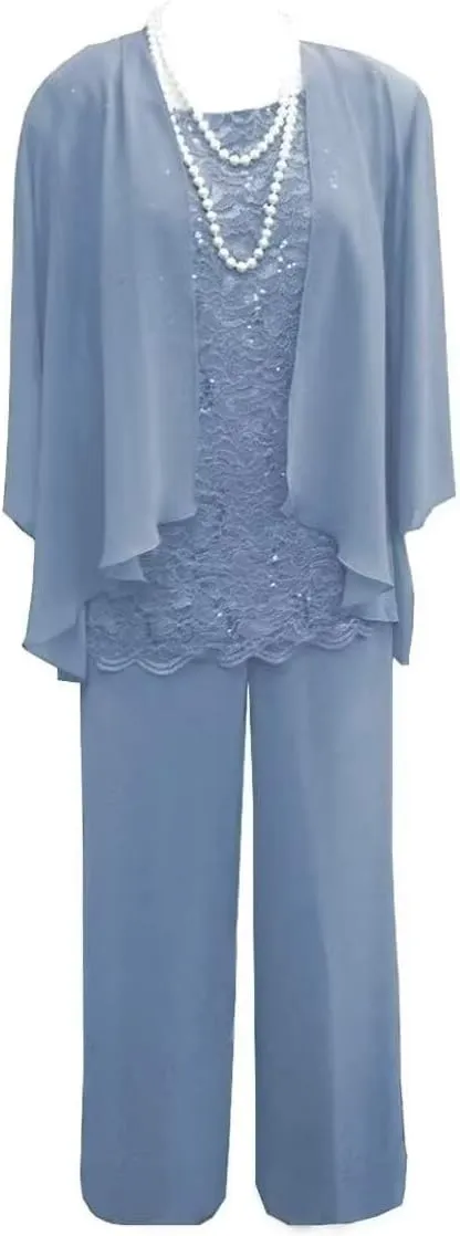 3 Pieces Mother of The Bride Pant Suits for Wedding Chiffon Outfit Sets for Women Dressy