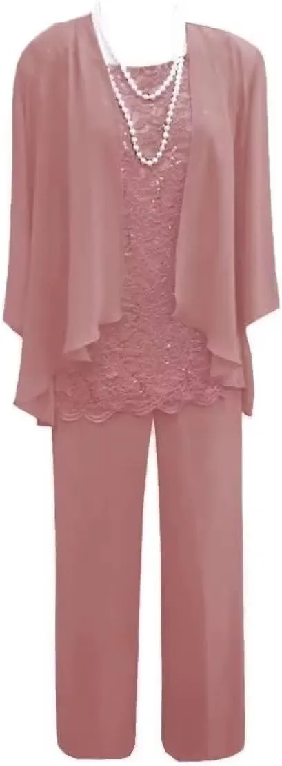 3 Pieces Mother of The Bride Pant Suits for Wedding Chiffon Outfit Sets for Women Dressy