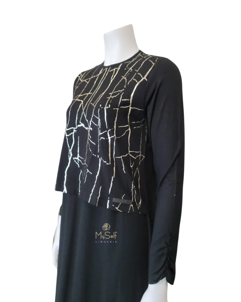 307-BK Gold Print Black Cotton Nursing Nightgown