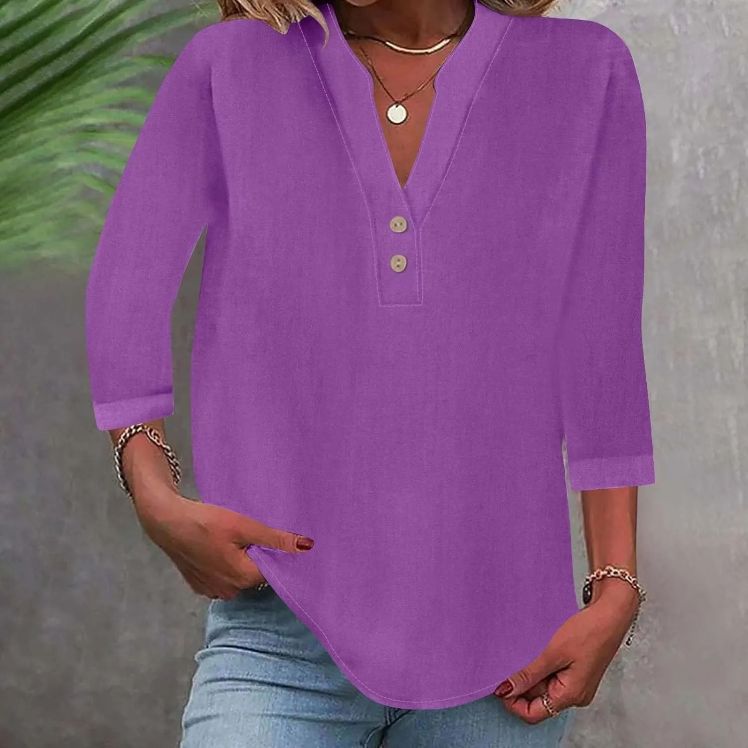 3/4 Length Sleeve Womens Tops Cotton Linen Loose Fit V Neck Button Down Henley Shirts Summer Solid Beach Tee Shirt