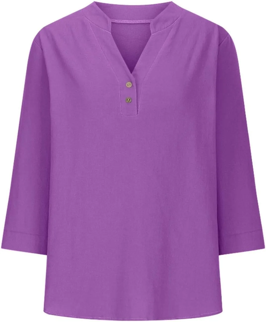 3/4 Length Sleeve Womens Tops Cotton Linen Loose Fit V Neck Button Down Henley Shirts Summer Solid Beach Tee Shirt