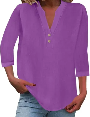 3/4 Length Sleeve Womens Tops Cotton Linen Loose Fit V Neck Button Down Henley Shirts Summer Solid Beach Tee Shirt