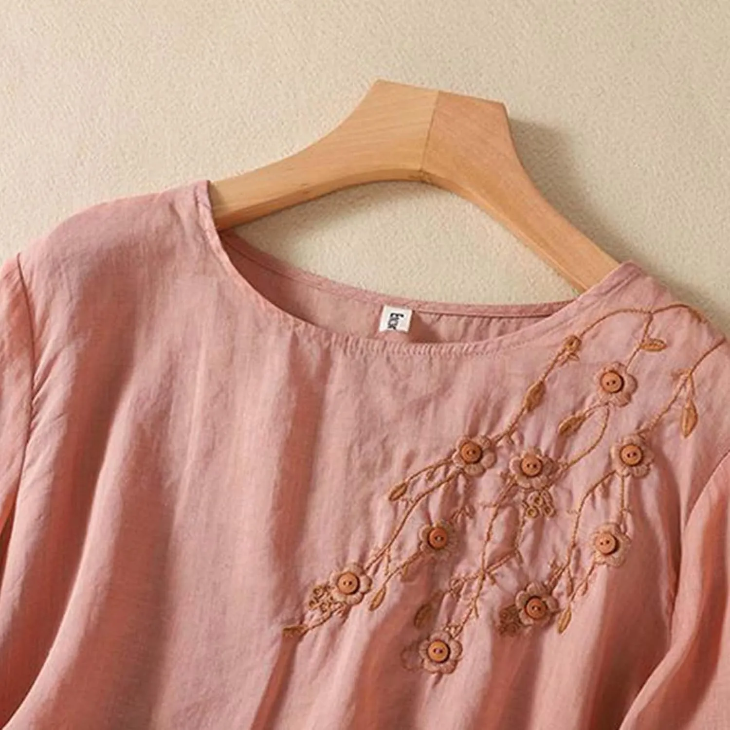 3/4 Length Sleeve Womens Tops Summer Cotton Linen Embroidered Print Chinese Shirts Casual Boho Tops Comfy Blouses