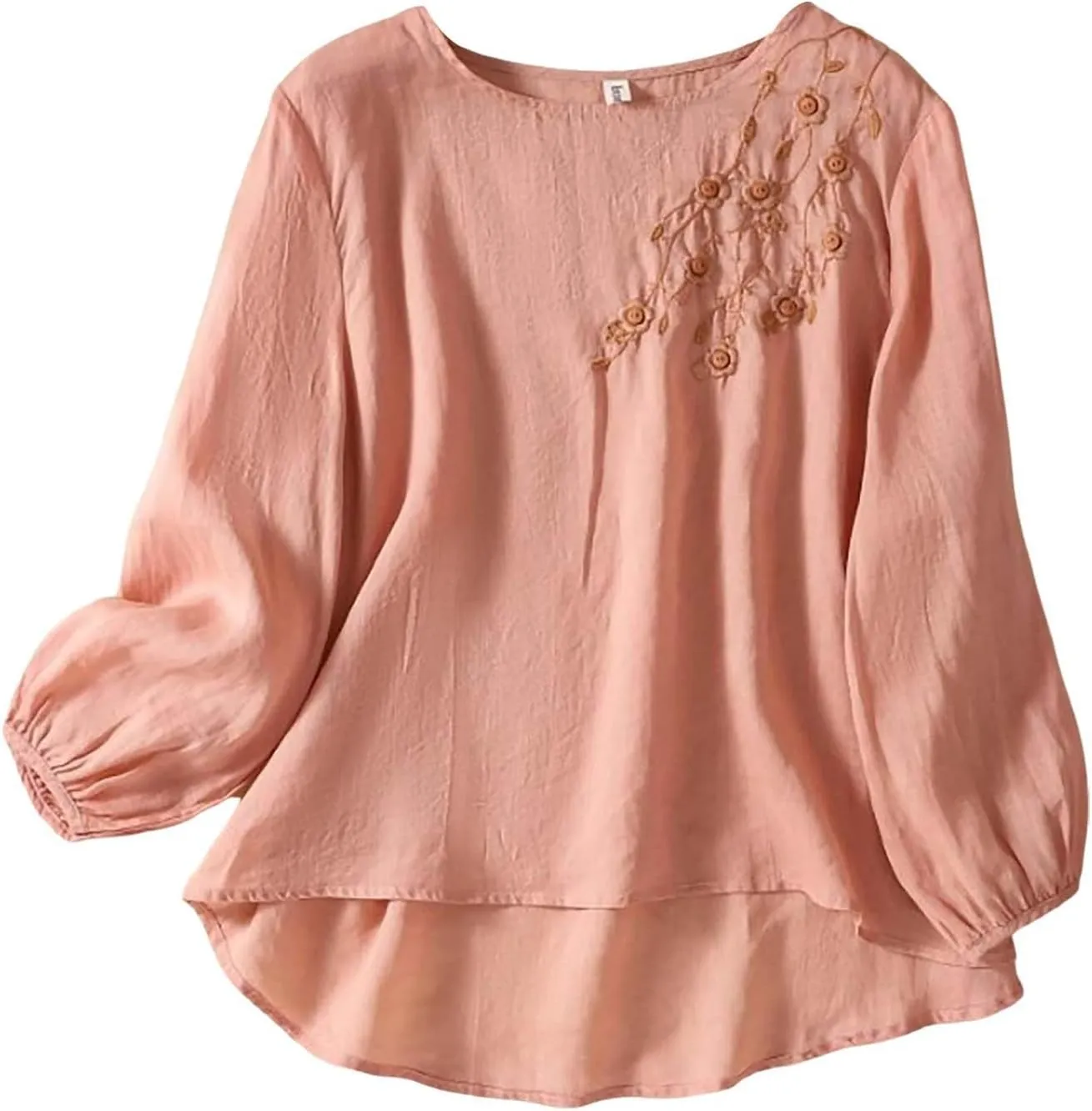 3/4 Length Sleeve Womens Tops Summer Cotton Linen Embroidered Print Chinese Shirts Casual Boho Tops Comfy Blouses
