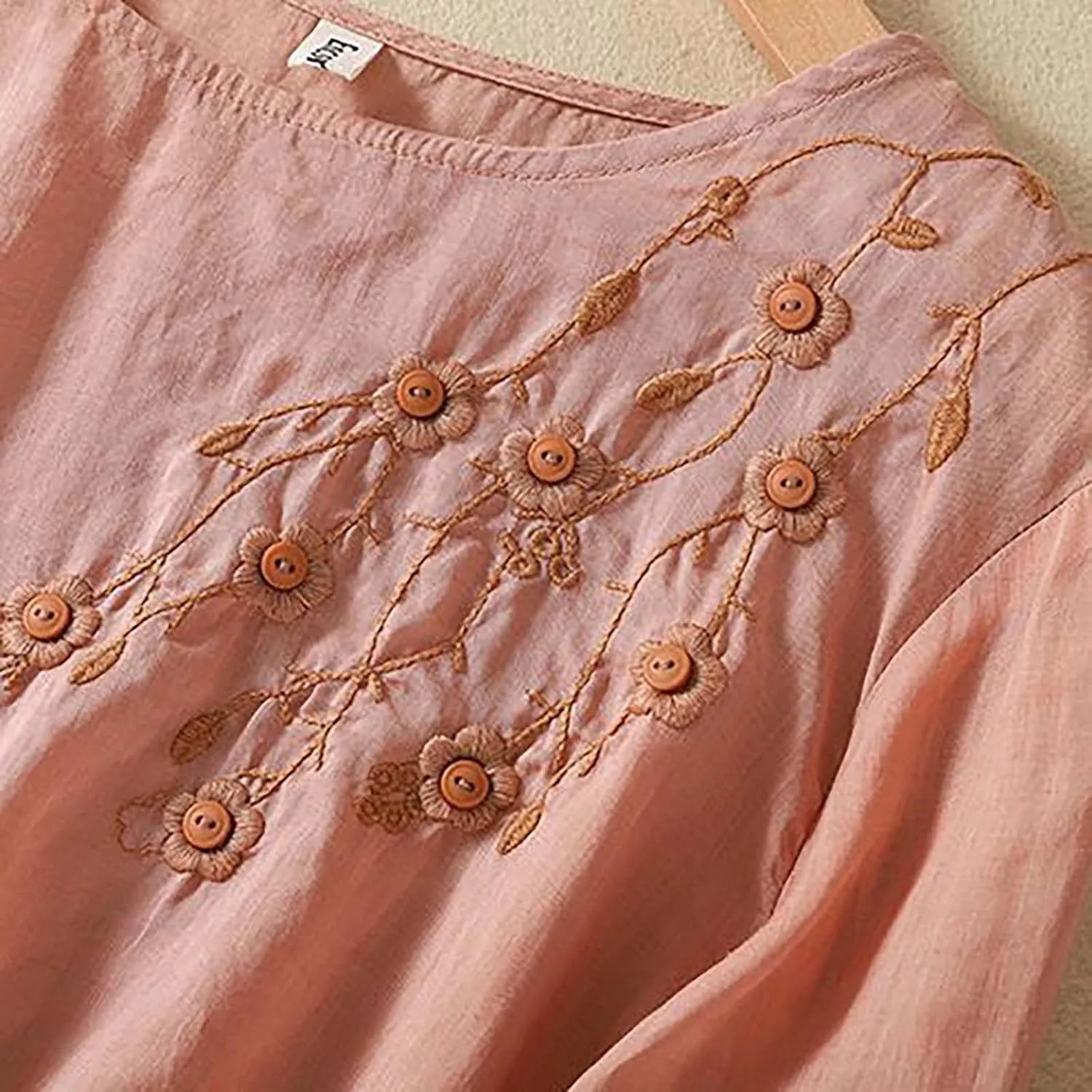 3/4 Length Sleeve Womens Tops Summer Cotton Linen Embroidered Print Chinese Shirts Casual Boho Tops Comfy Blouses