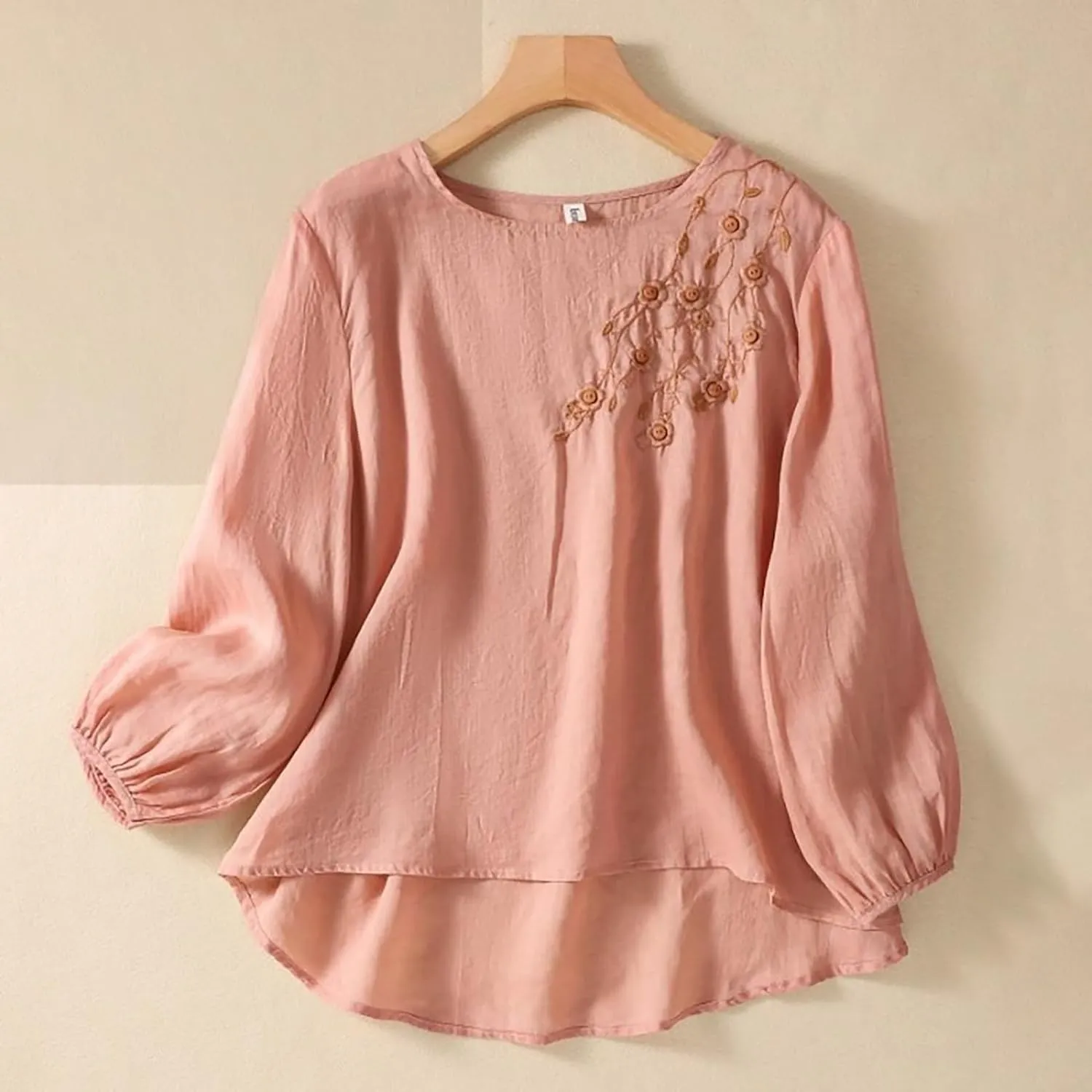 3/4 Length Sleeve Womens Tops Summer Cotton Linen Embroidered Print Chinese Shirts Casual Boho Tops Comfy Blouses
