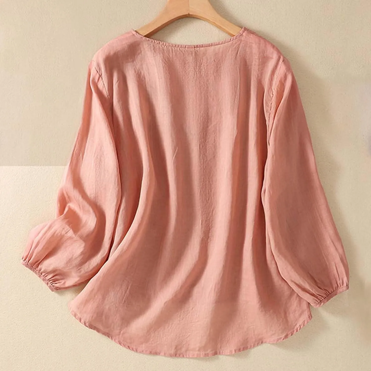 3/4 Length Sleeve Womens Tops Summer Cotton Linen Embroidered Print Chinese Shirts Casual Boho Tops Comfy Blouses