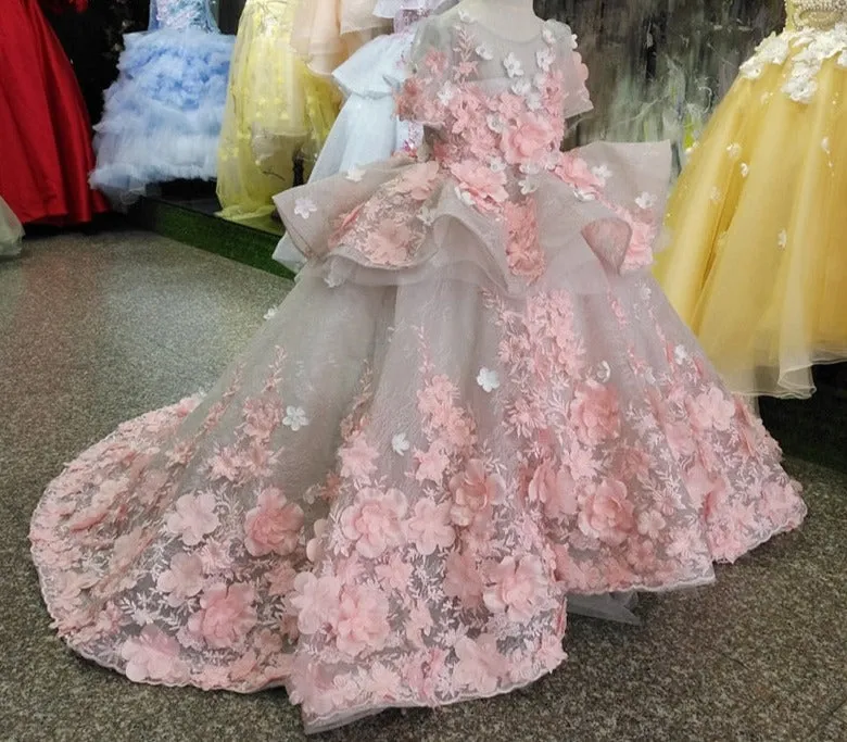3D Floral Appliques Tulle Pageant Gowns for Kids Girls