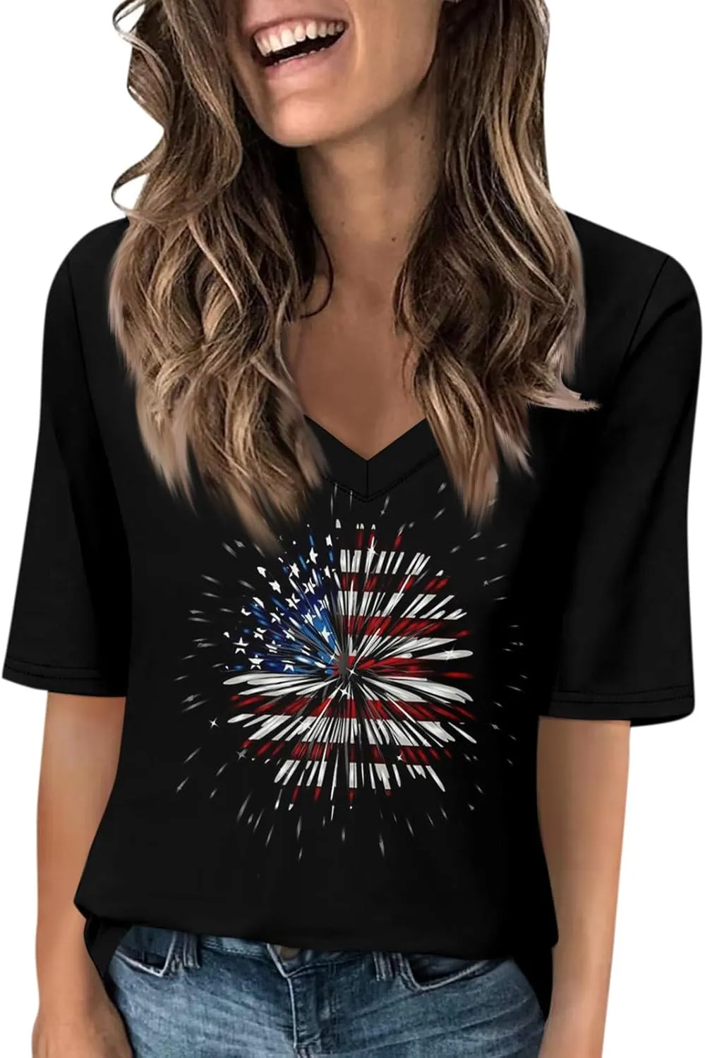 4th of July Patriotic Shirts for Women Half Sleeve American Flag V Neck Tops Trendy Blouses Graphic Clothing
