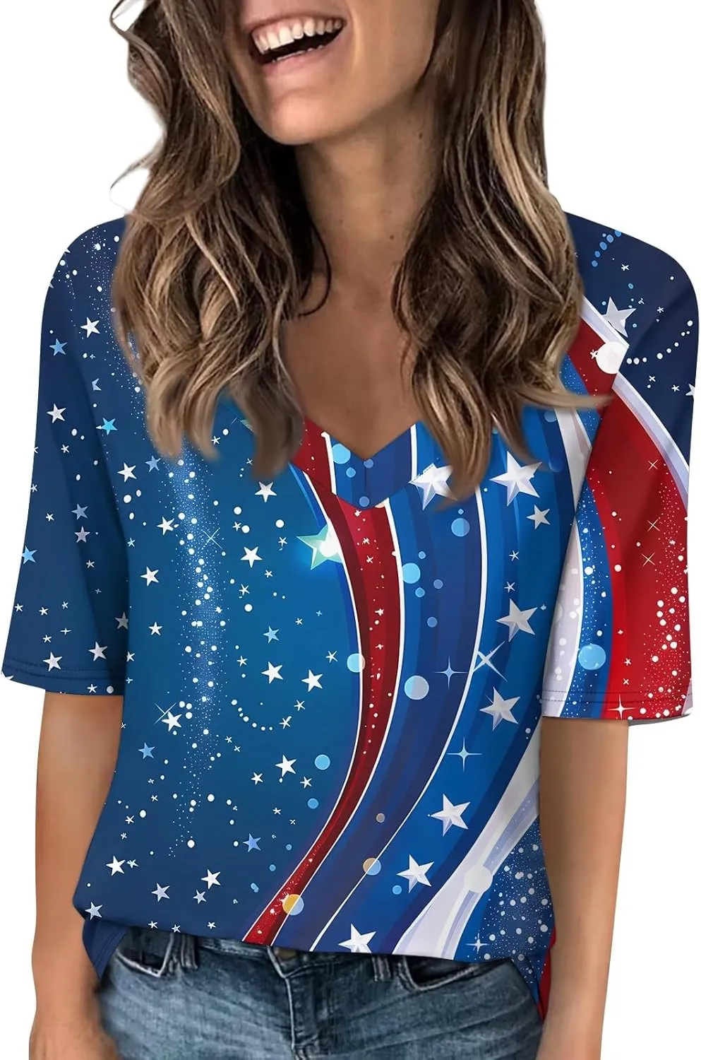 4th of July Patriotic Shirts for Women Half Sleeve American Flag V Neck Tops Trendy Blouses Graphic Clothing