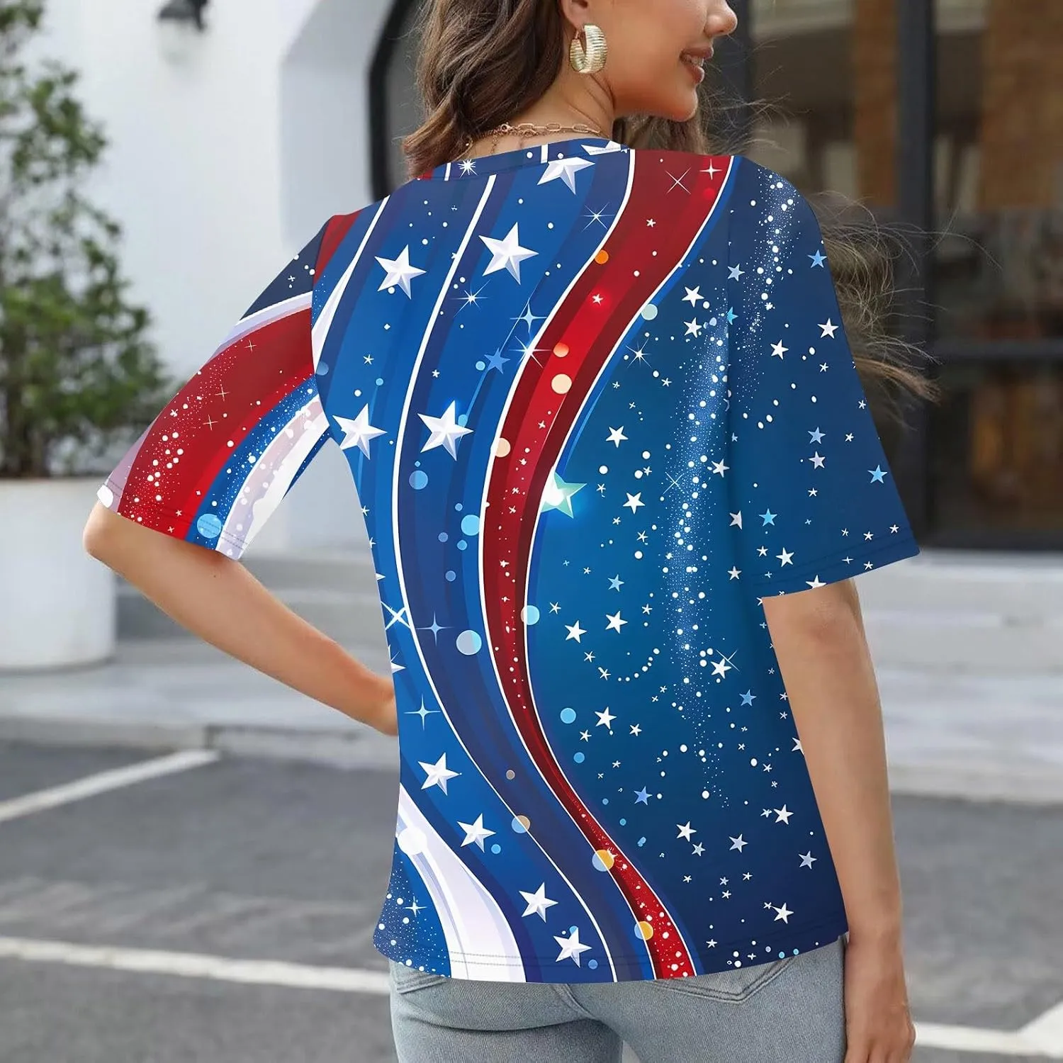 4th of July Patriotic Shirts for Women Half Sleeve American Flag V Neck Tops Trendy Blouses Graphic Clothing