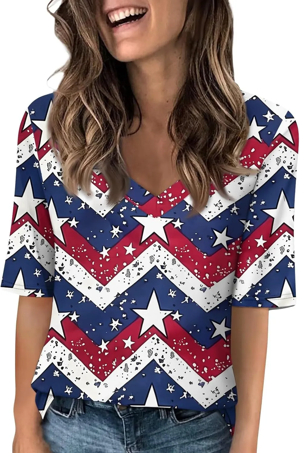4th of July Patriotic Shirts for Women Half Sleeve American Flag V Neck Tops Trendy Blouses Graphic Clothing
