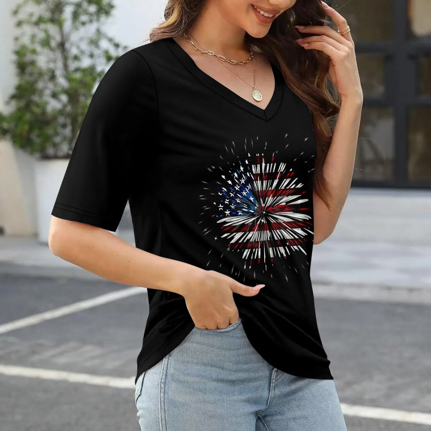 4th of July Patriotic Shirts for Women Half Sleeve American Flag V Neck Tops Trendy Blouses Graphic Clothing