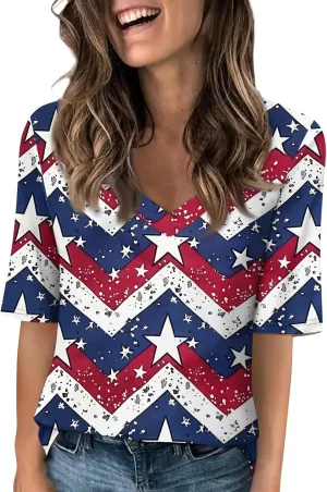 4th of July Patriotic Shirts for Women Half Sleeve American Flag V Neck Tops Trendy Blouses Graphic Clothing