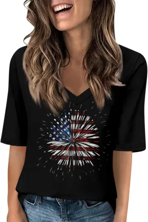 4th of July Patriotic Shirts for Women Half Sleeve American Flag V Neck Tops Trendy Blouses Graphic Clothing