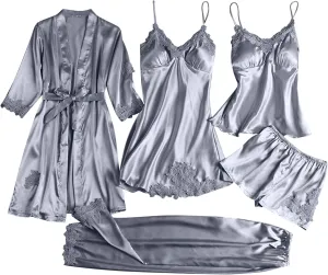 5 Piece Women's Satin Silk Lace Pajama Sets Robe Camisole Sleepwear Nightgown Pjs Bottom Shorts Lounge Set