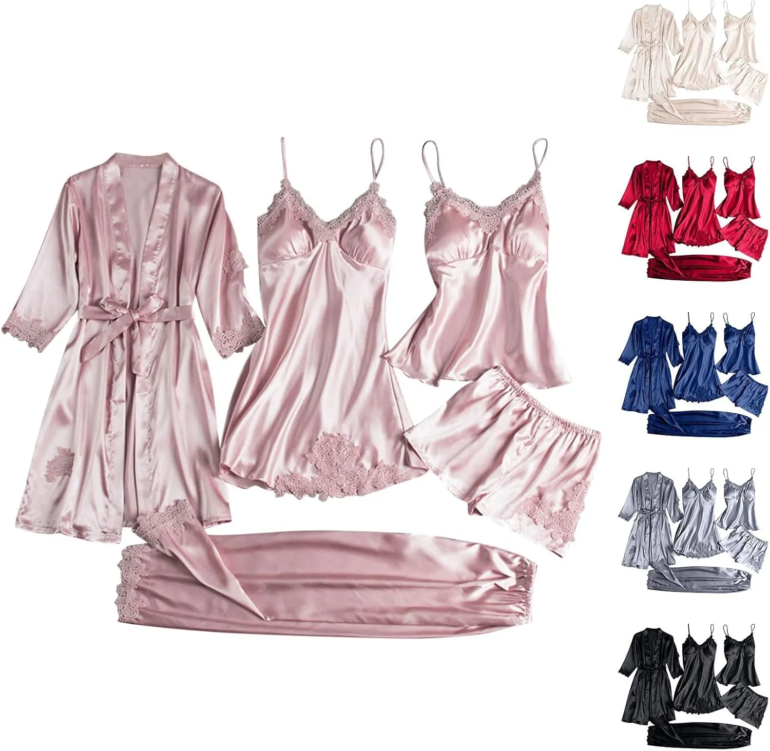 5 Piece Women's Satin Silk Lace Pajama Sets Robe Camisole Sleepwear Nightgown Pjs Bottom Shorts Lounge Set