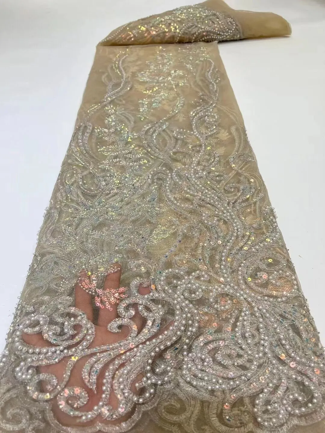 5 YARDS / 5 COLORS / Leslie Abstract Swirl Lines Sequin Beaded Embroidery Tulle Mesh Lace Party Prom Bridal Dress Fabric