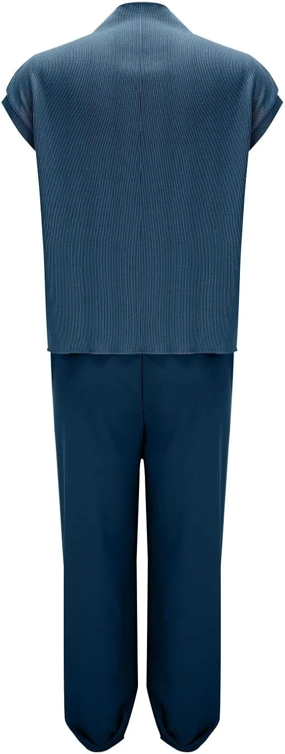 aihihe 2 Pieces Lounge Sets for Women Casual Outfits Sleeveless Mock Neck Ribbed Knit Tops   Pocketed Baggy Jogger Pant Sets