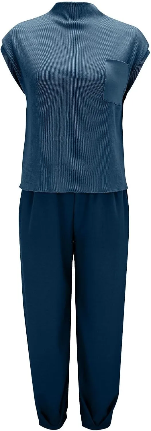 aihihe 2 Pieces Lounge Sets for Women Casual Outfits Sleeveless Mock Neck Ribbed Knit Tops   Pocketed Baggy Jogger Pant Sets