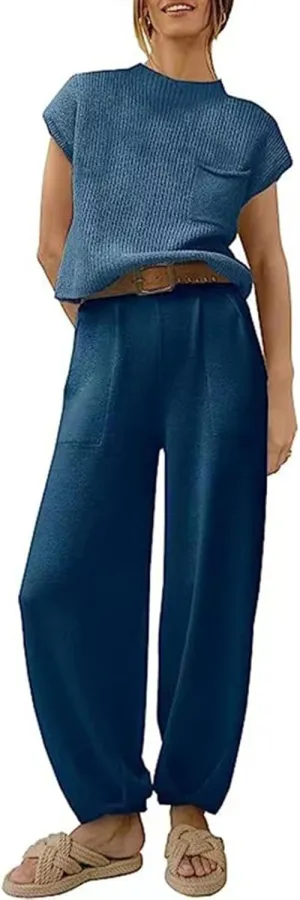 aihihe 2 Pieces Lounge Sets for Women Casual Outfits Sleeveless Mock Neck Ribbed Knit Tops   Pocketed Baggy Jogger Pant Sets