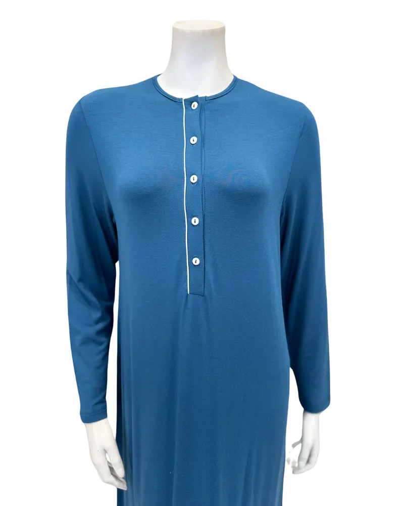 AL854BL Solid Blue with White Piping Button Down Modal Nightgown