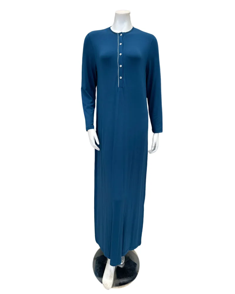 AL854BL Solid Blue with White Piping Button Down Modal Nightgown