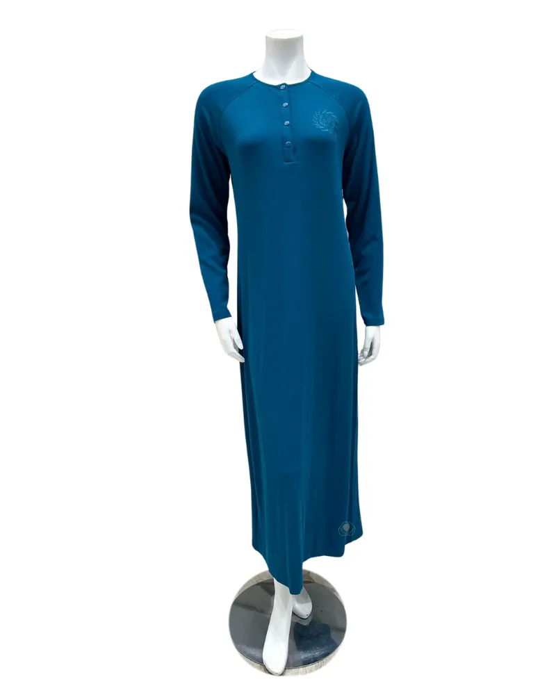Angelice Teal Blue Logo Snaps Ribbed Modal Nightgown