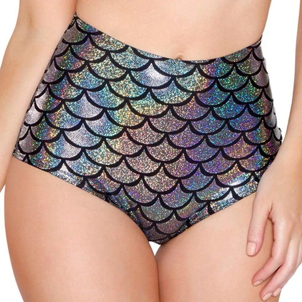 ANKOMINA Women High Waisted Holographic Mermaid Scale Print Booty Shorts Bottoms