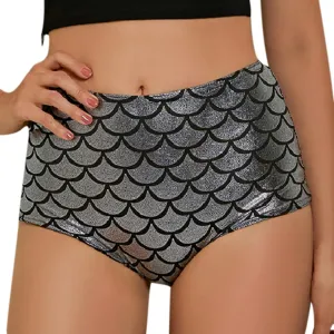 ANKOMINA Women High Waisted Holographic Mermaid Scale Print Booty Shorts Bottoms