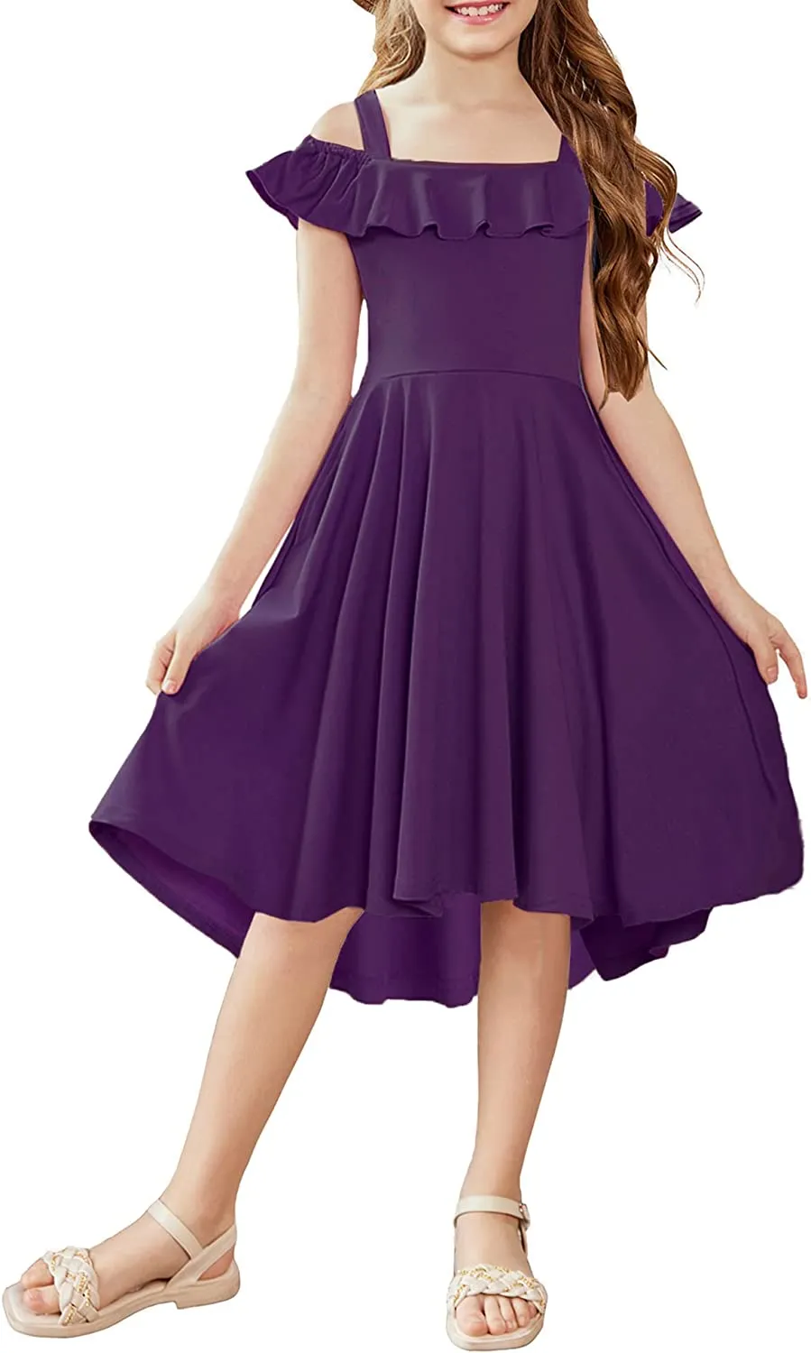 Arshiner Girls Dress Off Shoulder Flutter Sleeve Midi Swing Dresses
