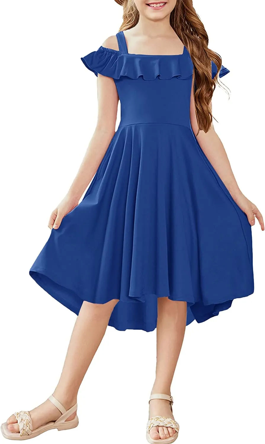 Arshiner Girls Dress Off Shoulder Flutter Sleeve Midi Swing Dresses