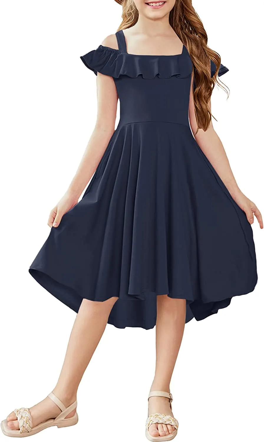 Arshiner Girls Dress Off Shoulder Flutter Sleeve Midi Swing Dresses