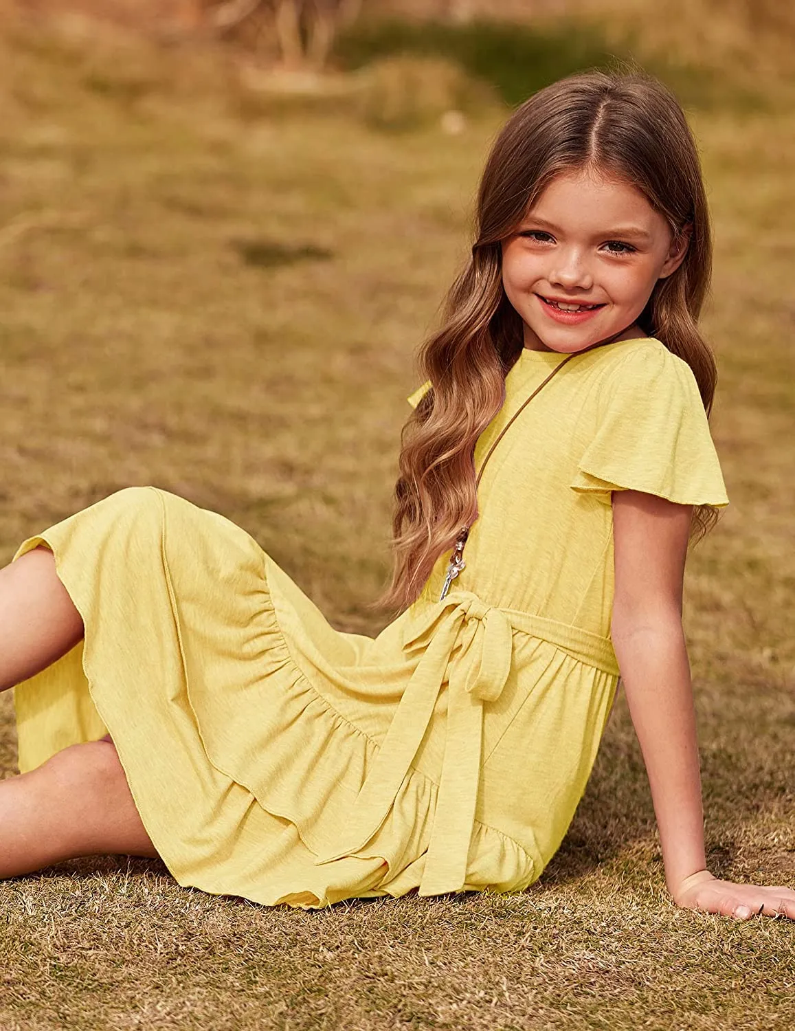 Arshiner Girls Dresses Long Sleeve Loose Plain Ruffle Swing Midi Dress