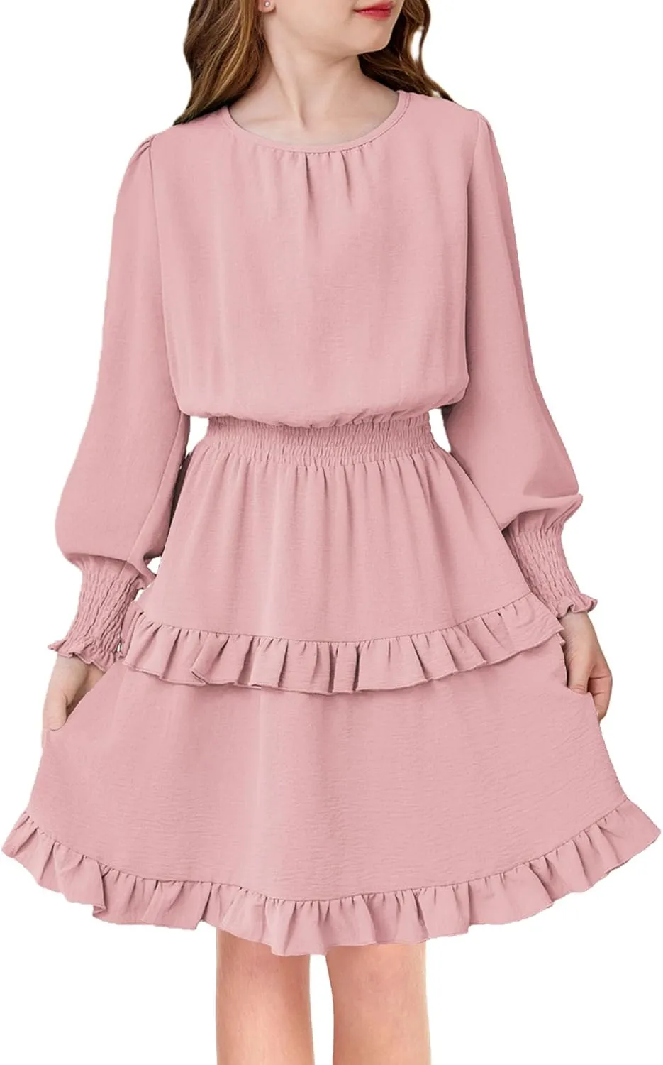 Arshiner Girls Long Sleeve Dress Boho Tiered Ruffle Hem Smocked Waist Midi Dress