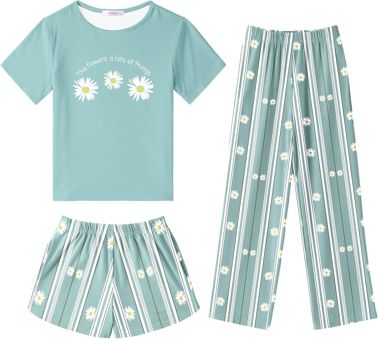 Arshiner Girls Pajama Set 3 Piece Short Sleeve Sleepwear Soft Cute Pjs Outfits