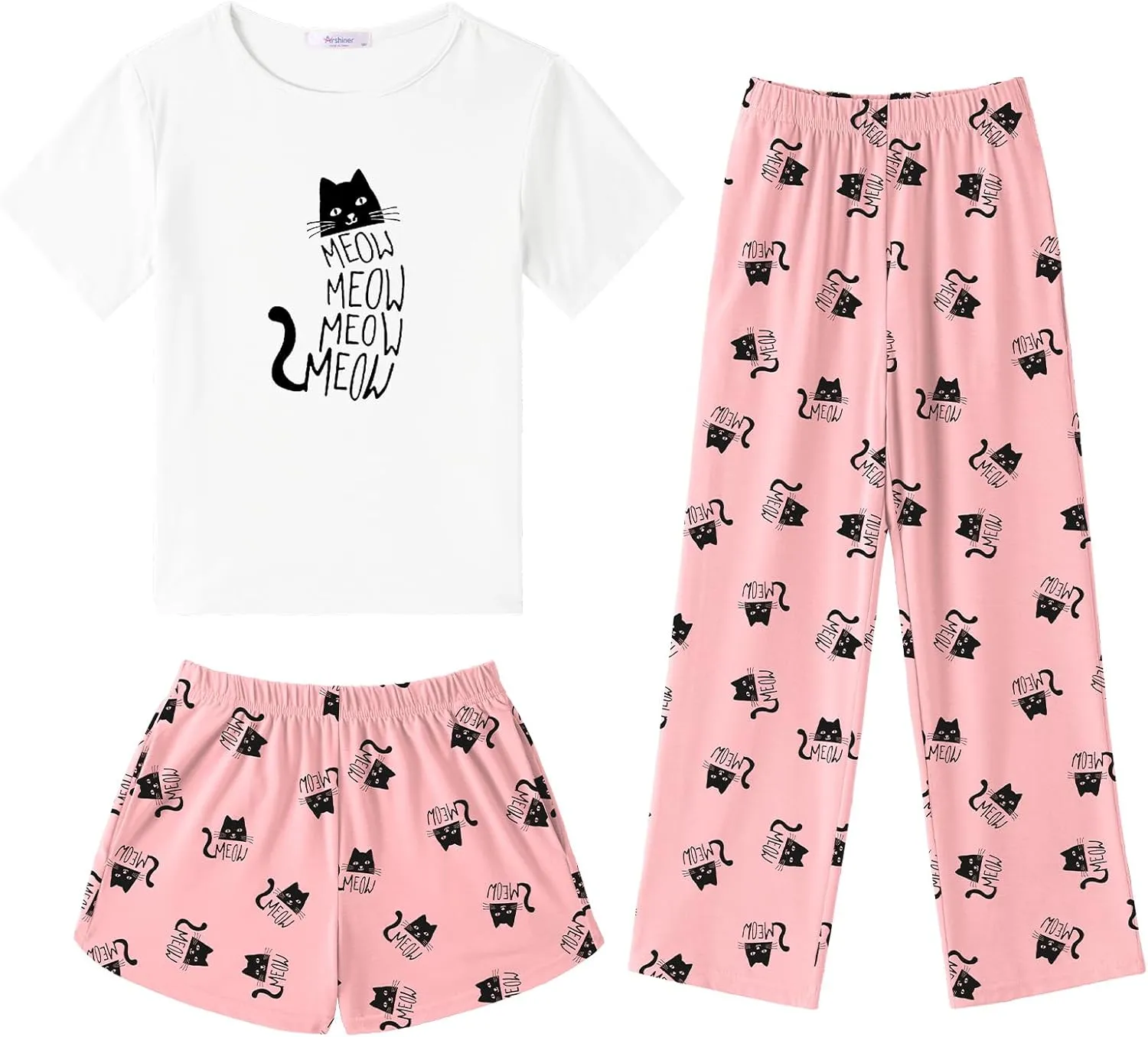 Arshiner Girls Pajama Set 3 Piece Short Sleeve Sleepwear Soft Cute Pjs Outfits