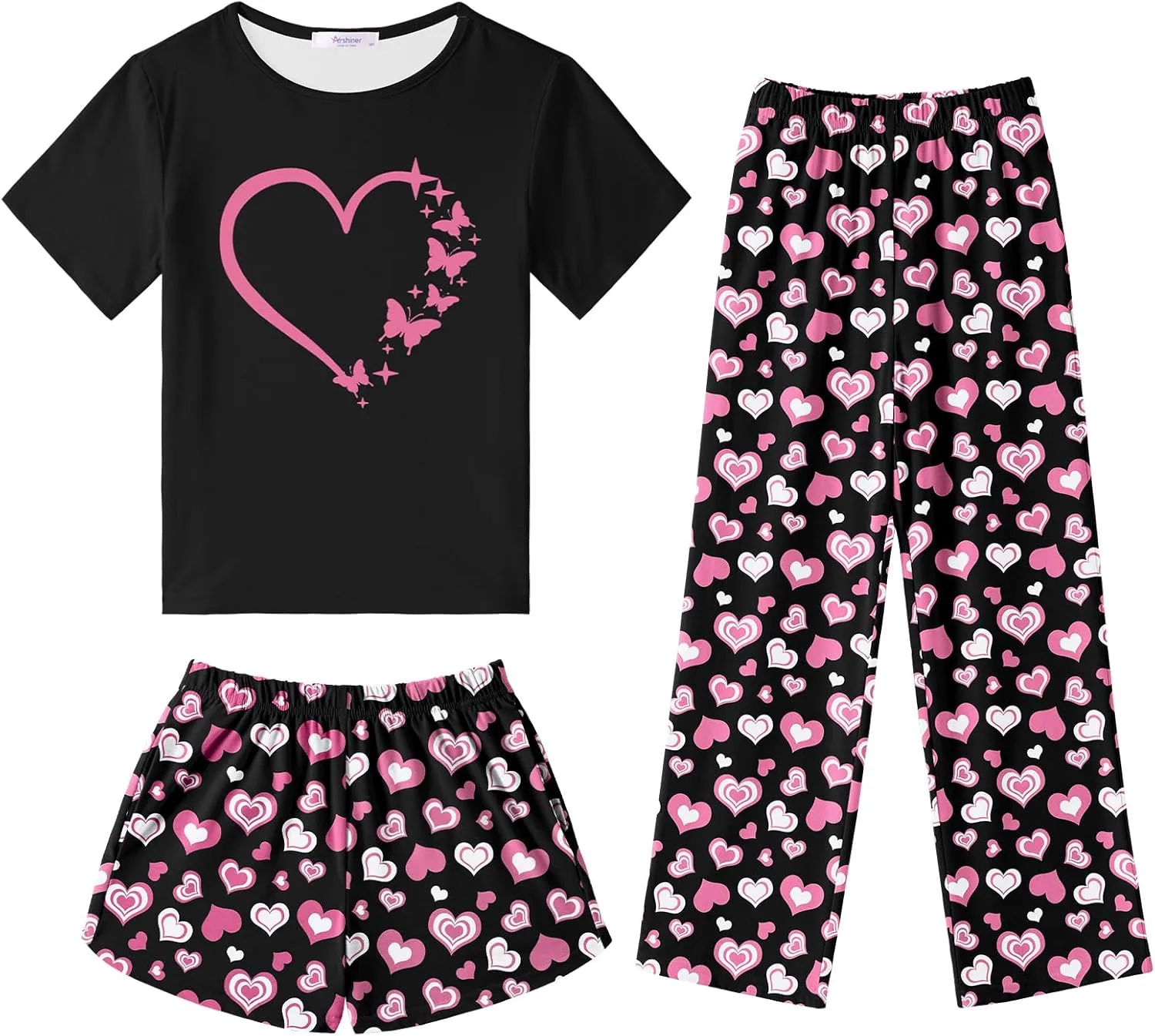 Arshiner Girls Pajama Set 3 Piece Short Sleeve Sleepwear Soft Cute Pjs Outfits