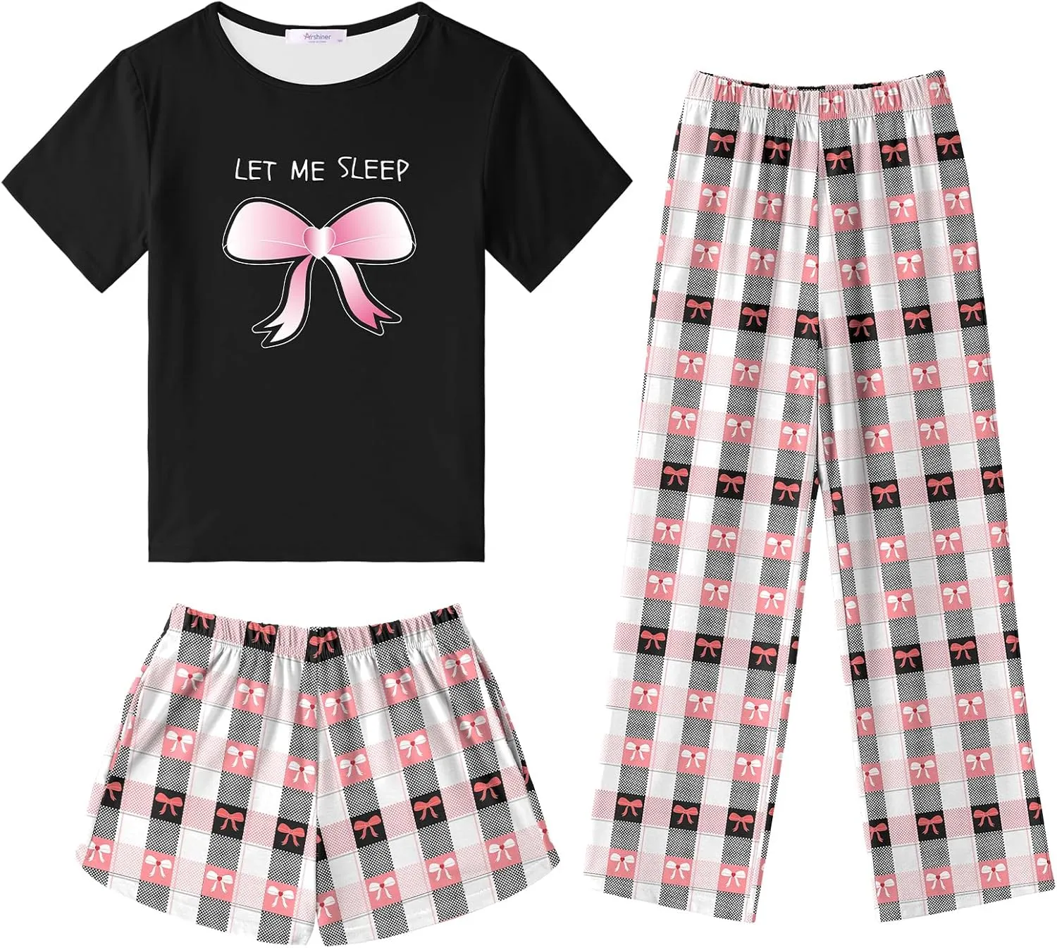 Arshiner Girls Pajama Set 3 Piece Short Sleeve Sleepwear Soft Cute Pjs Outfits