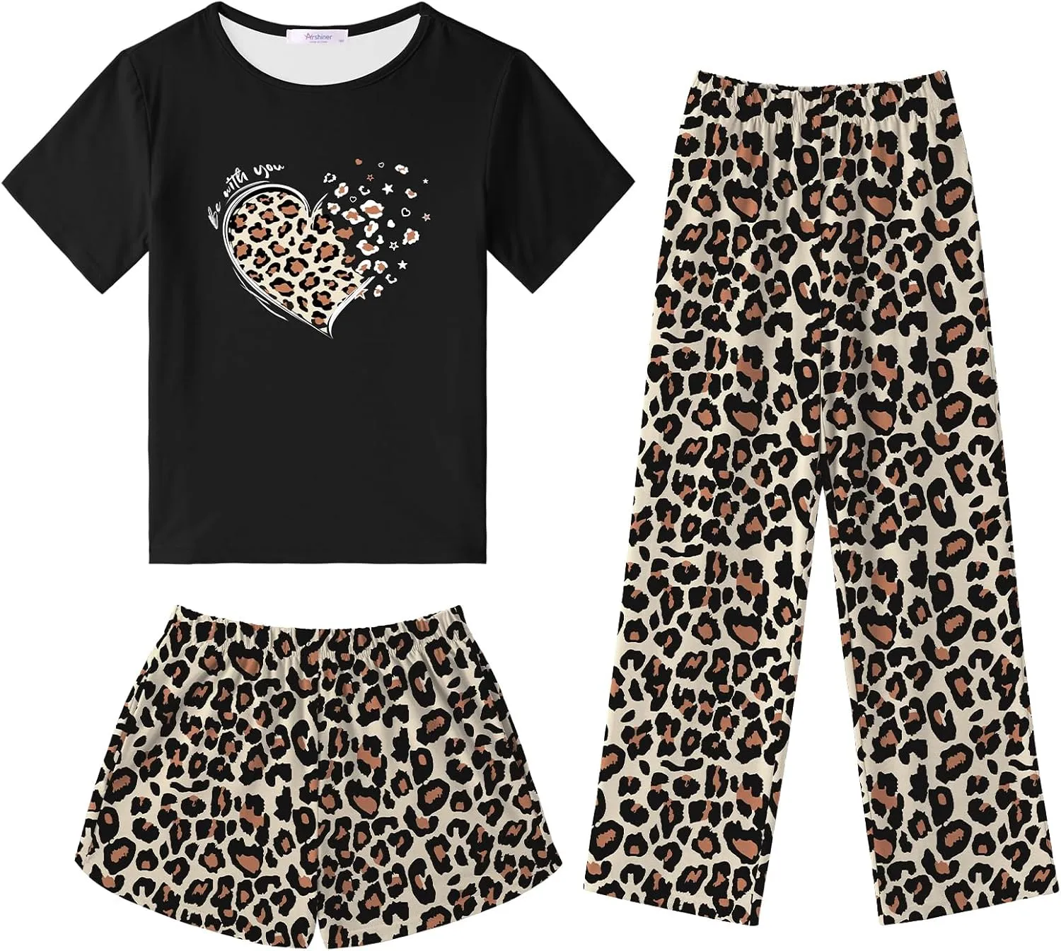 Arshiner Girls Pajama Set 3 Piece Short Sleeve Sleepwear Soft Cute Pjs Outfits