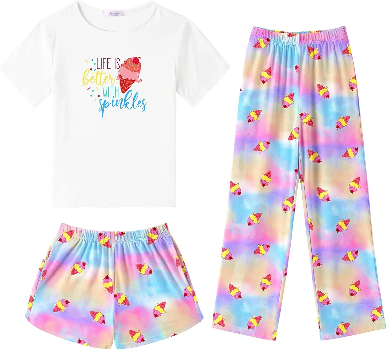 Arshiner Girls Pajama Set 3 Piece Short Sleeve Sleepwear Soft Cute Pjs Outfits