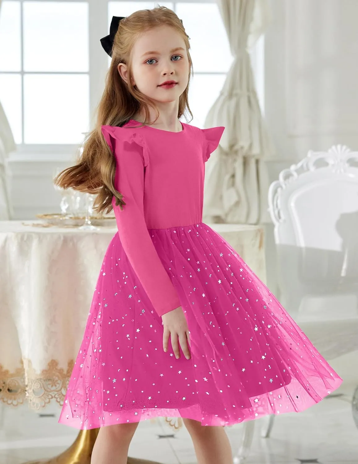 Arshiner Toddler Girls Tutu Dresses Long Sleeve Ruffle Fall Star Sequin Tulle Dress